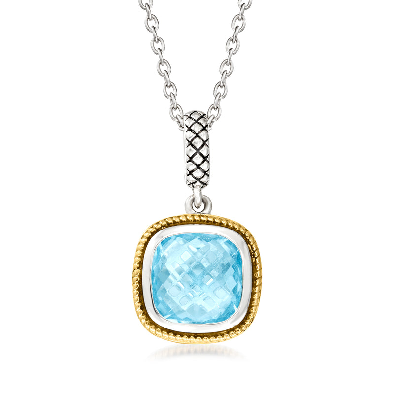 Sterling silver pendant necklace with sky blue cushion-cut topaz in 14kt yellow gold bezel