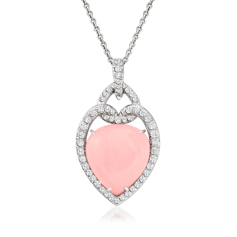 Rose quartz heart pendant necklace with diamond halo in white gold