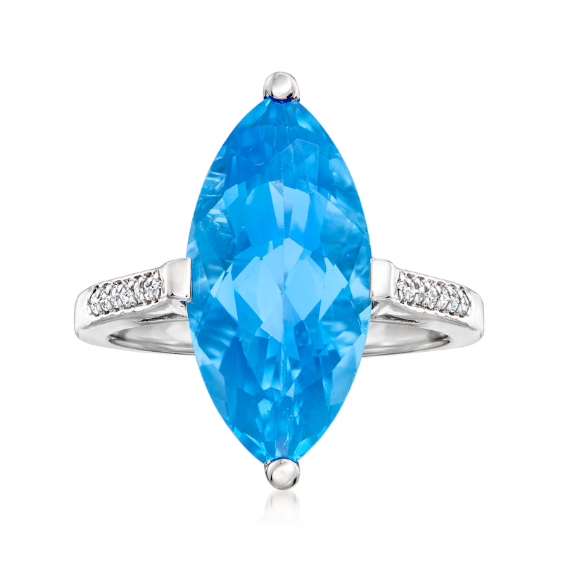 14kt white gold ring with marquise Swiss blue topaz center and diamond side accents