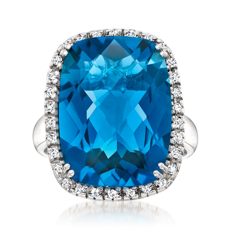 14kt white gold ring with cushion-cut London blue topaz and diamond halo
