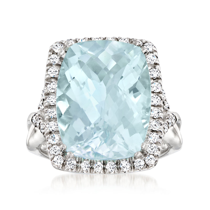 Halo diamond ring with large faceted aquamarine, 14kt white gold setting