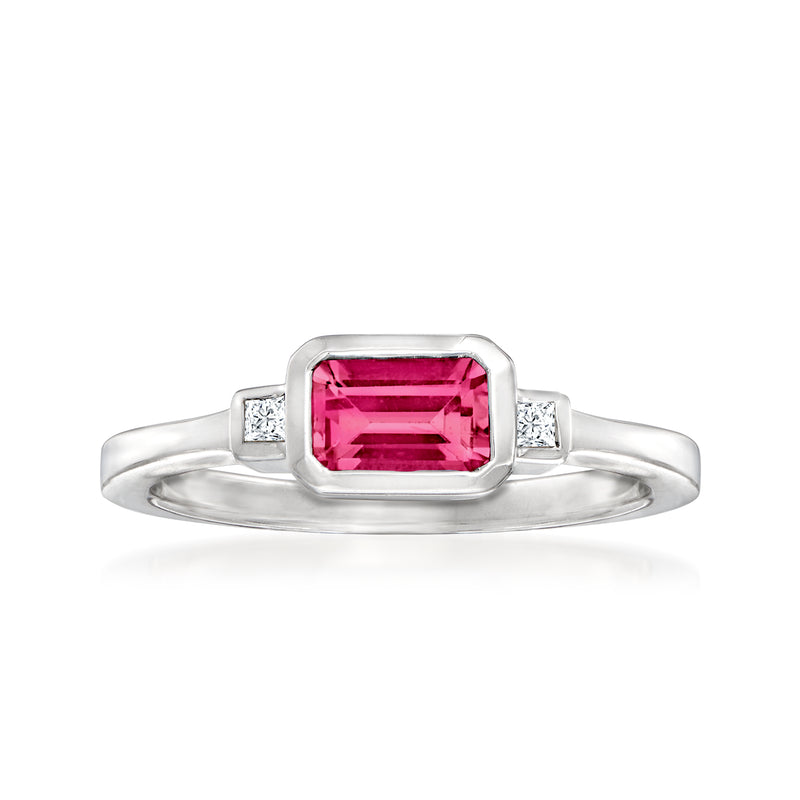 14kt white gold ring with rectangular pink ruby and diamond side accents