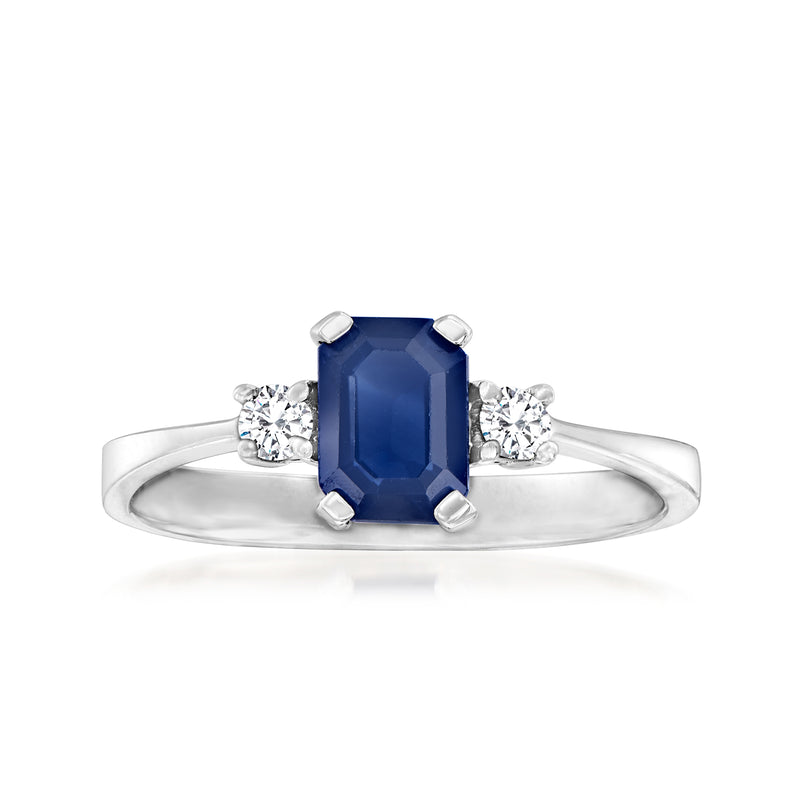 14k white gold ring with emerald-cut blue sapphire and 2 round diamonds