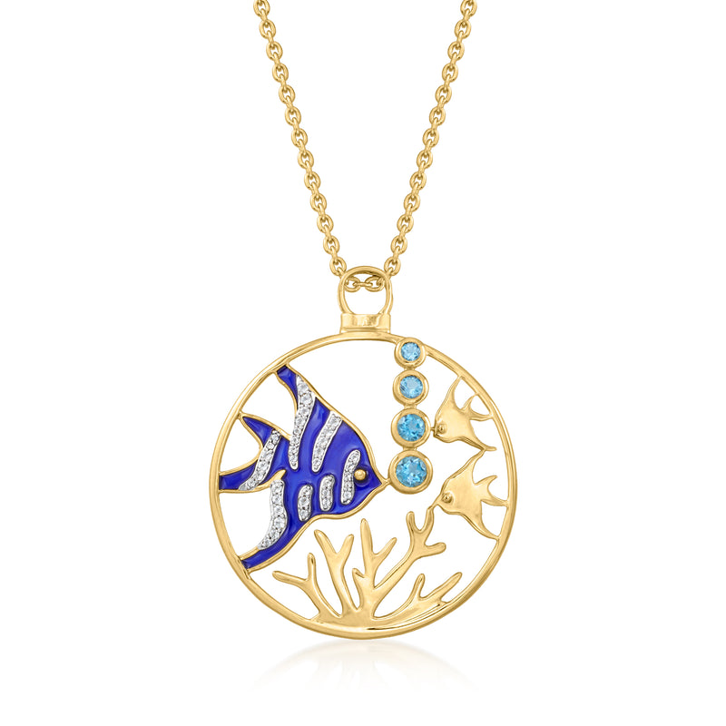 18kt gold over sterling necklace with round sea life pendant, blue enamel fish and stones