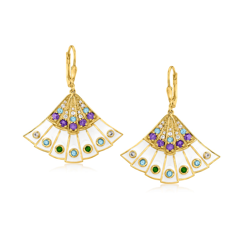 Gold over sterling fan drop earrings with purple, blue, green and white gemstones, leverbacks.