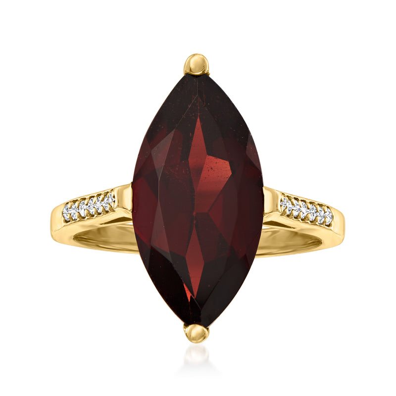 14kt yellow gold marquise garnet and diamond ring with faceted dark red center