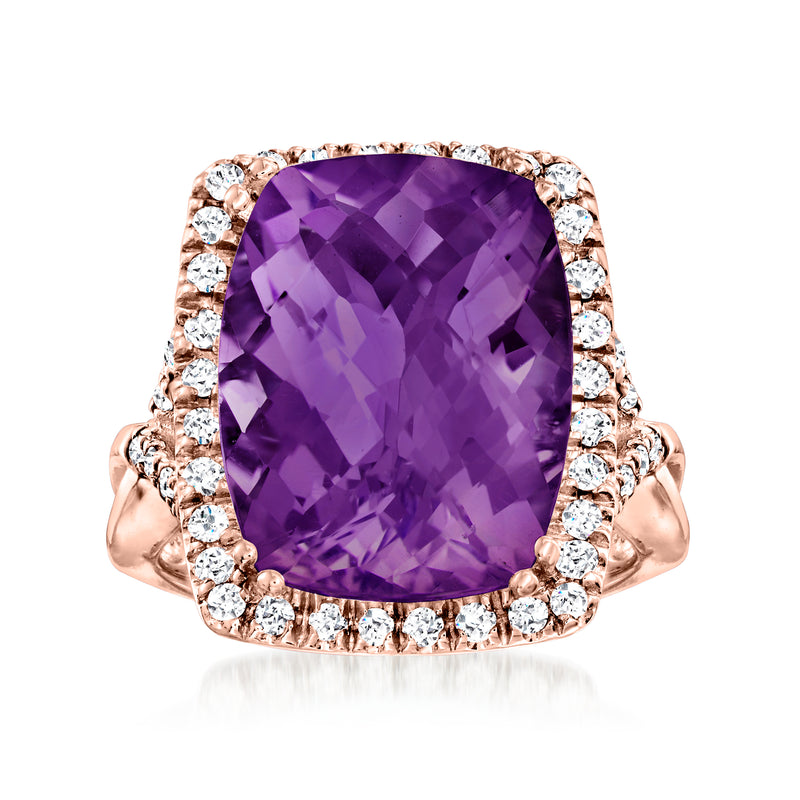 Rose gold amethyst and diamond halo ring with large cushion-cut center stone