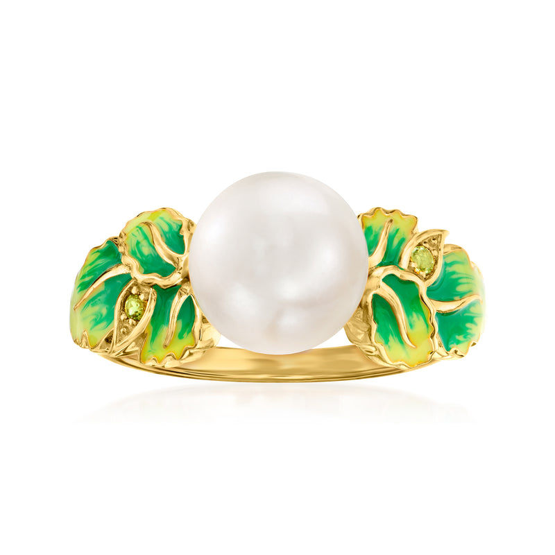 Gold-tone enamel leaf ring with round white cultured pearl center