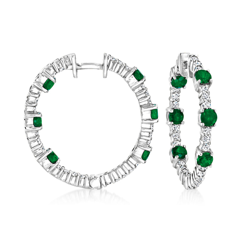 14kt white gold hoop earrings with emerald-green stones and clear diamond accents