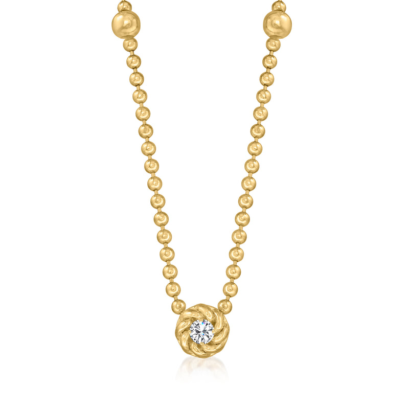 18kt yellow gold diamond bead-station necklace with round pendant and halo