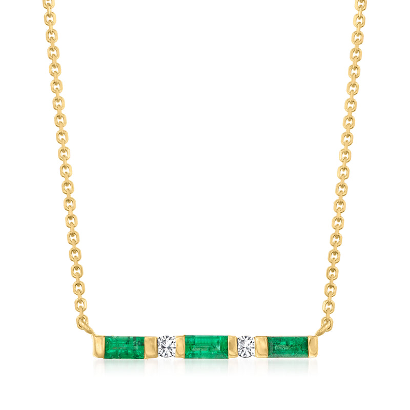 14kt yellow gold bar necklace with green emerald inlay and diamond accents