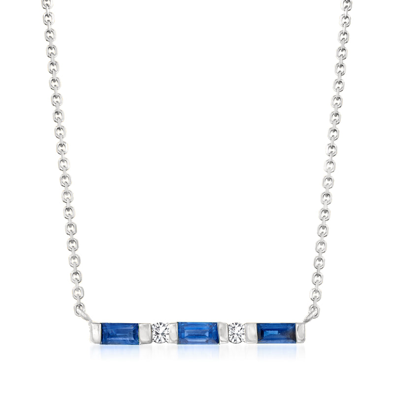 14kt white gold bar necklace with blue sapphire and diamond accents, linked chain
