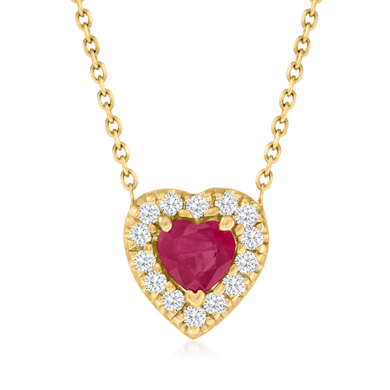 14kt yellow gold ruby heart pendant necklace with diamond halo