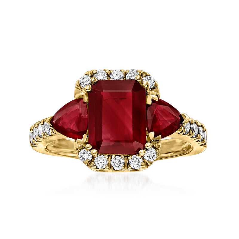 14kt yellow gold ring with square red garnet center and diamond halo