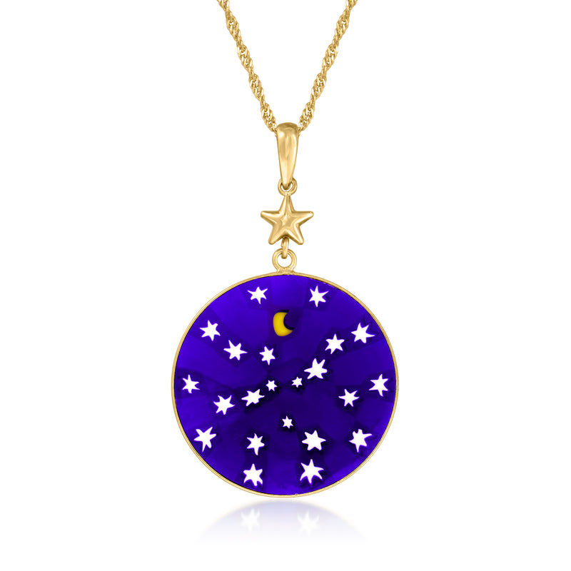 Gold pendant necklace with blue circular glass star and moon charm on chain