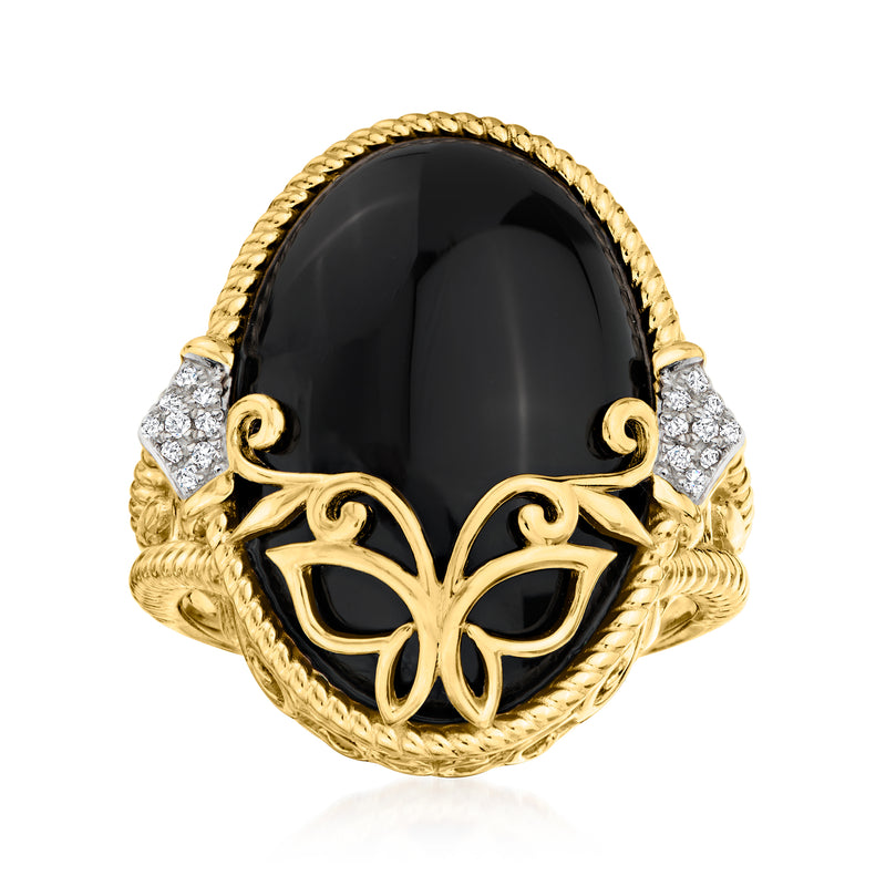 Gold-tone butterfly overlay ring with black agate teardrop center and diamond-like side accents