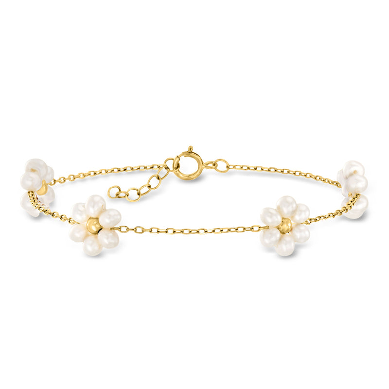 14kt yellow gold bracelet with cultured pearl flower stations and oval links