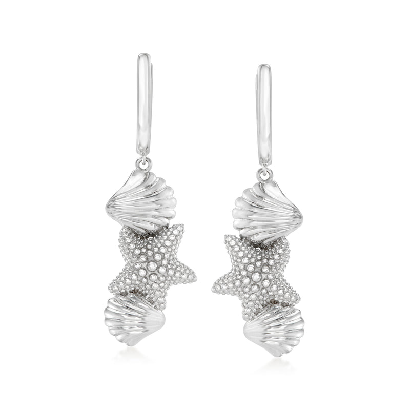 Sterling silver drop earrings with textured starfish and seashell charms