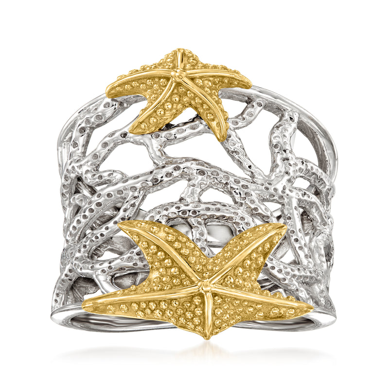 Starfish and coral ring in yellow gold over sterling silver with textured openwork