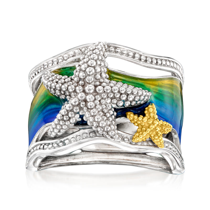 Two-tone enamel starfish ring with blue-green swirl enamel and silver, gold starfish