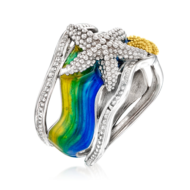 Enamel starfish ring in silver with blue-green panel, textured starfish detail and gold accent