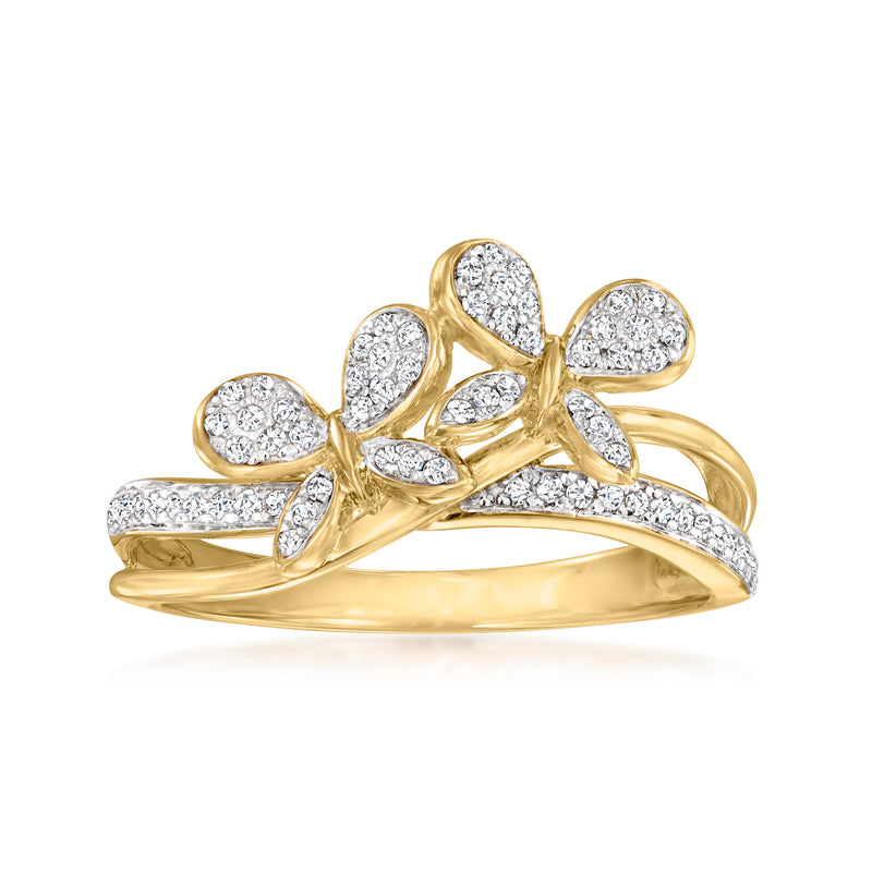 Diamond butterfly ring in 18kt gold over sterling with pavé teardrop wings