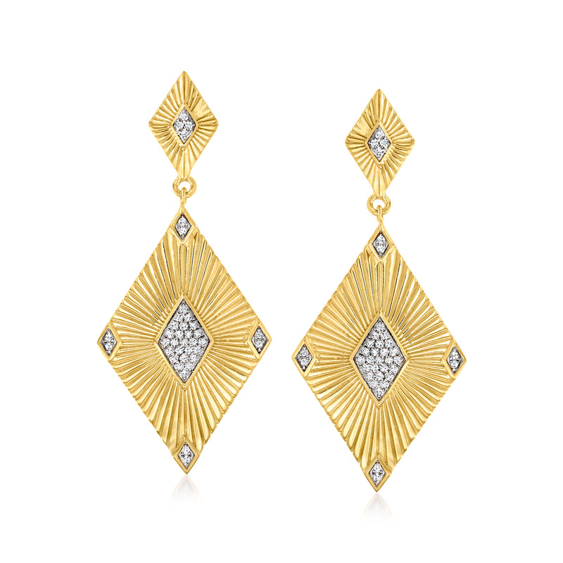 Gold geometric drop earrings with diamond accents and hanging square dangle