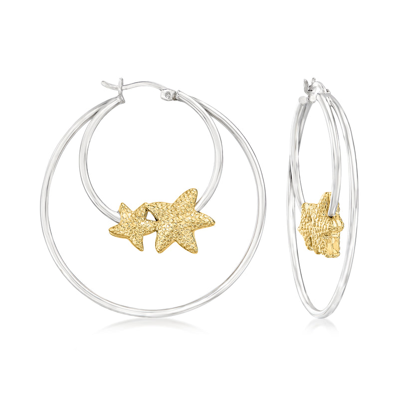 Sterling silver double hoop earrings with gold-tone starfish charms
