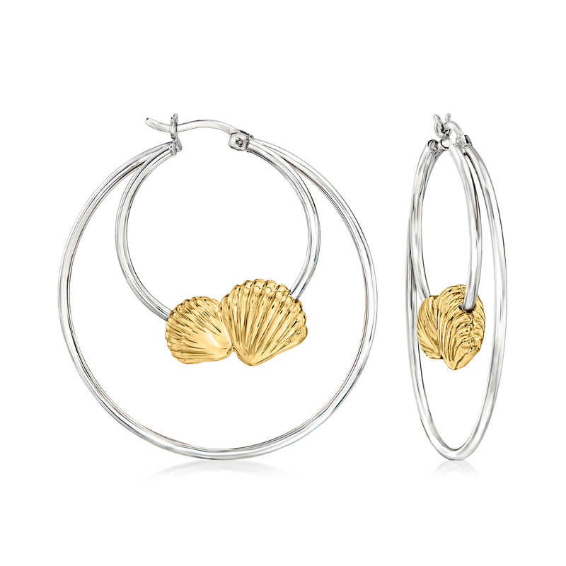 Two-tone sterling silver double-hoop earrings with gold seashell charm