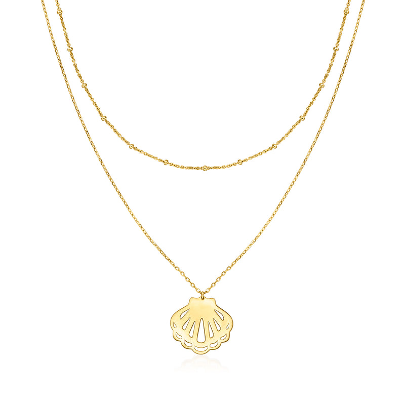14kt yellow gold layered bead station necklace with seashell pendant