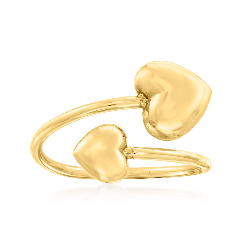 14kt yellow gold puffed heart bypass ring with two glossy heart bands