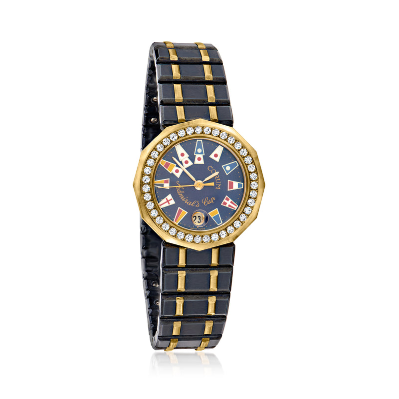 Vintage 18kt yellow gold watch with blue dial, diamond bezel, black/gold bracelet