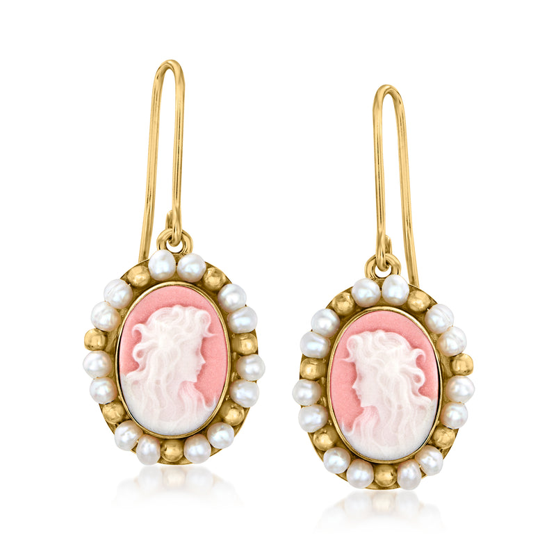 Gold drop earrings with pink cameo oval and clustered white cultured pearls