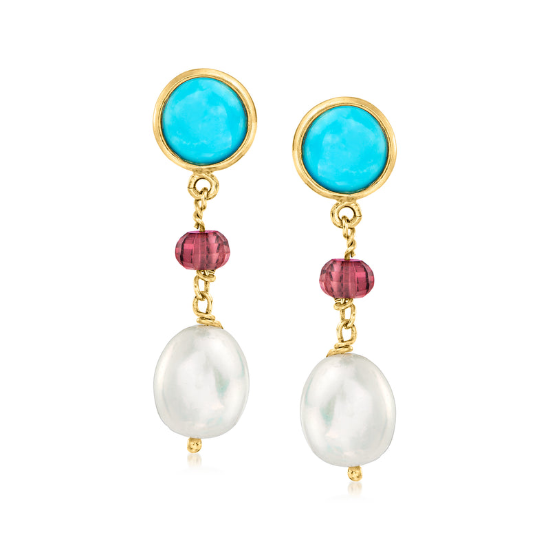 Gold-tone drop earrings with turquoise top, red glass beads, and white pearl drops