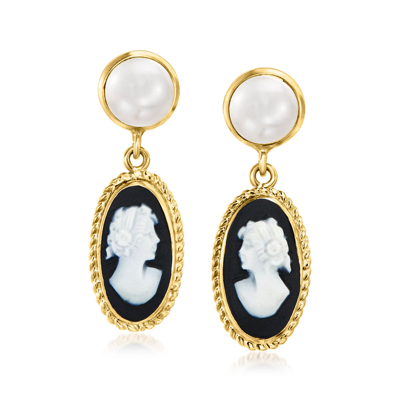 Gold drop earrings with round top pearl and oval cameo in black enamel setting