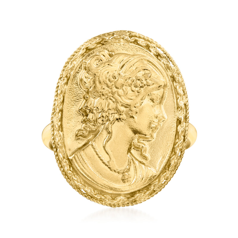 Victorian-style oval signet ring with engraved gold-tone portrait and rope border