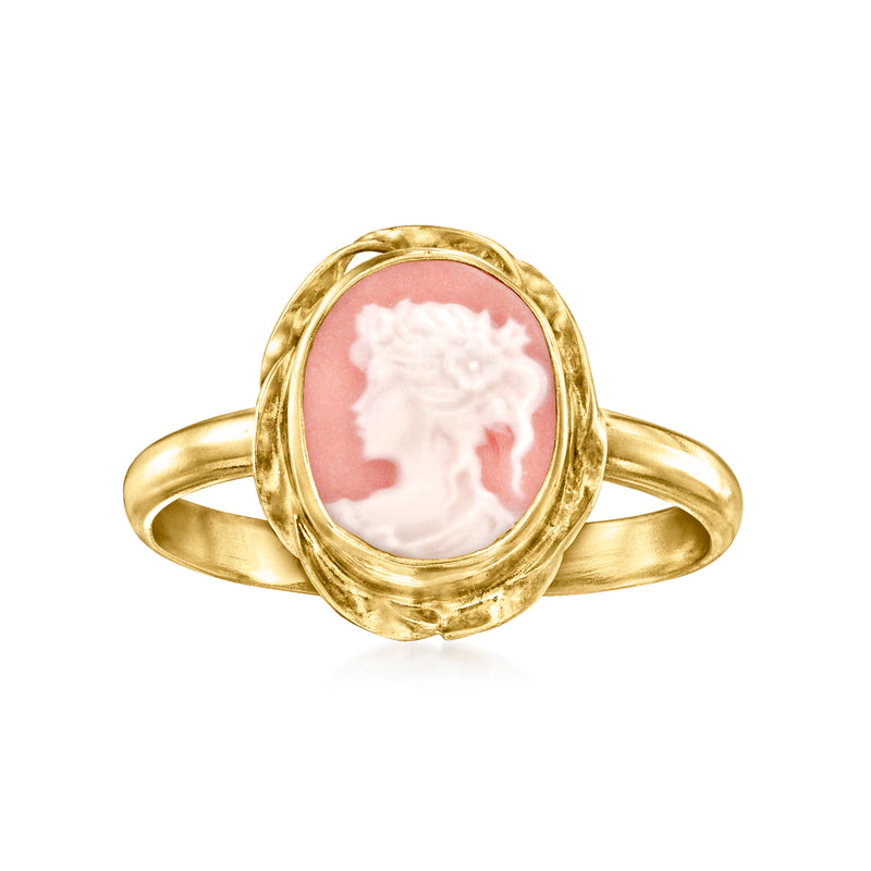 Gold-plated sterling cameo ring with pink porcelain oval medallion, 18kt finish