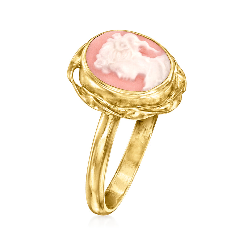 Oval pink porcelain cameo ring in 18kt gold over sterling setting
