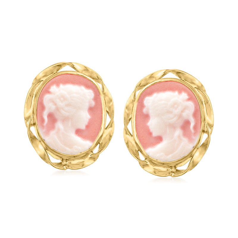 Pink porcelain cameo stud earrings with white profile, gold-tone round filigree frames