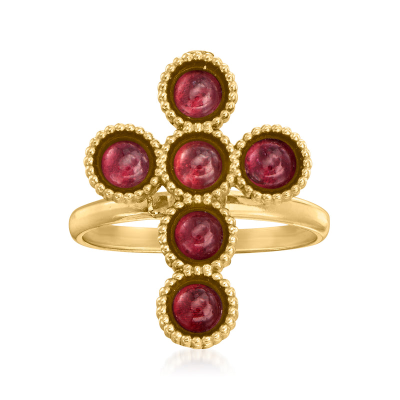 Gold cross ring with six round red garnet stones on a polished band