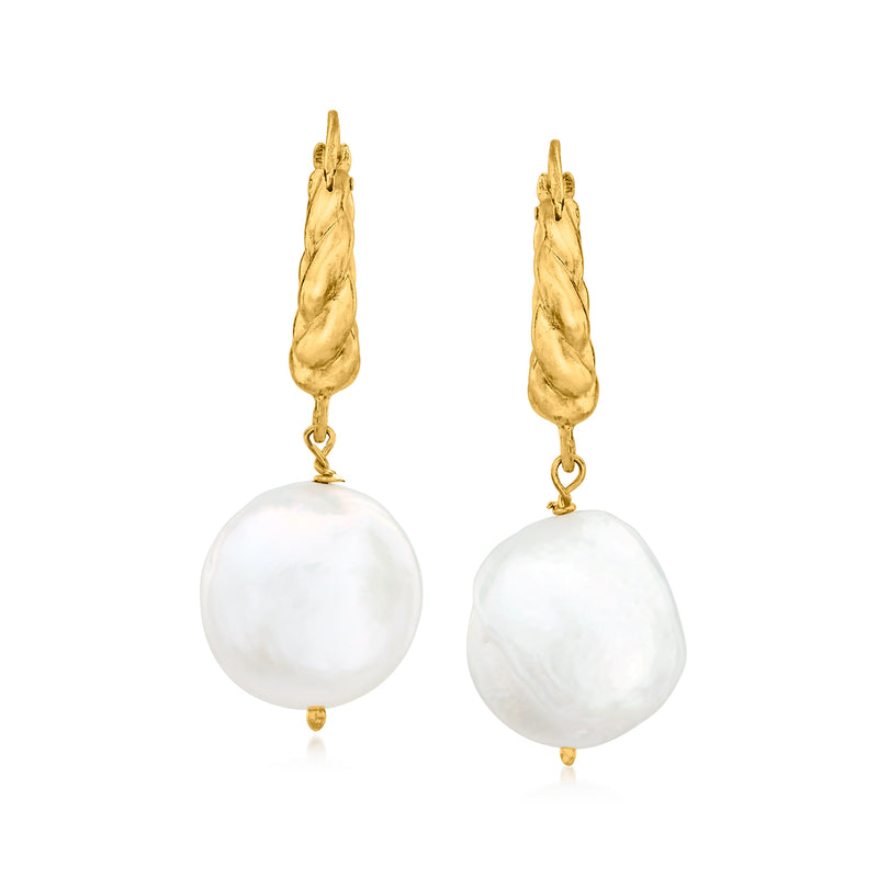 Gold twisted hoop drop earrings with round coin cultured pearl dangle