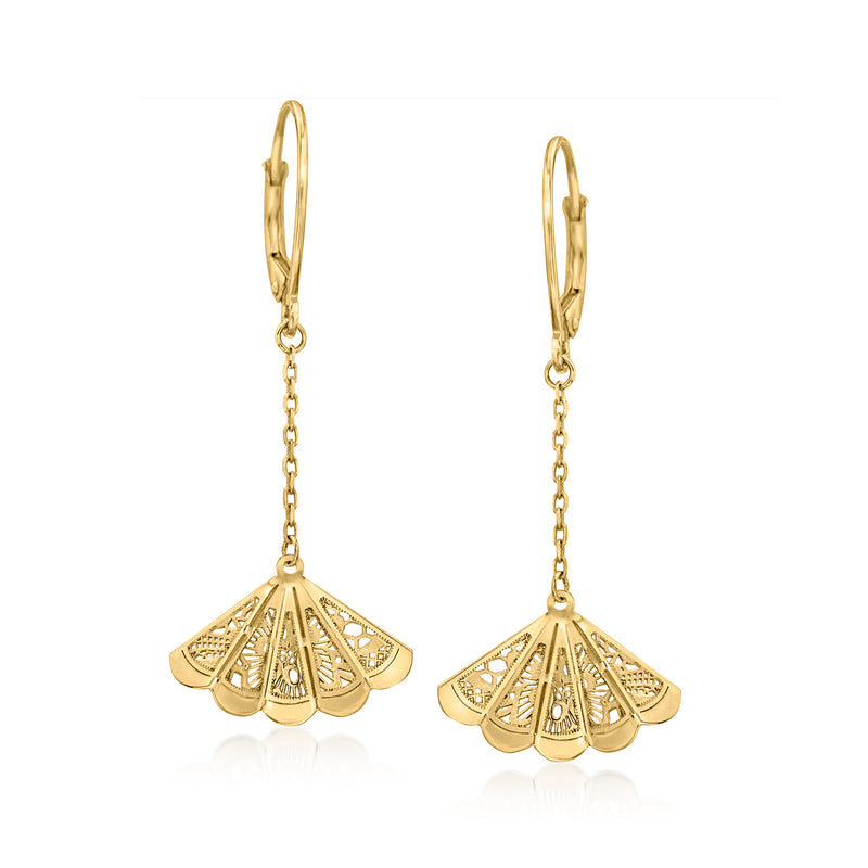 14kt yellow gold fan drop earrings with lace-pattern fan and leverback hooks