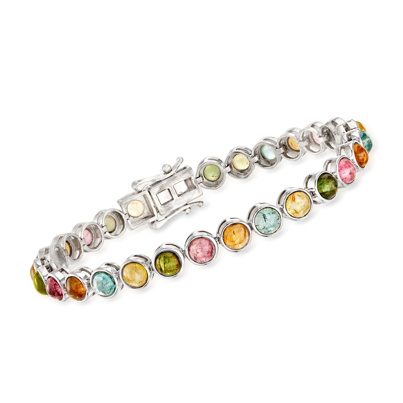 Sterling silver tennis bracelet with multicolored tourmaline-style gemstones, hinged clasp
