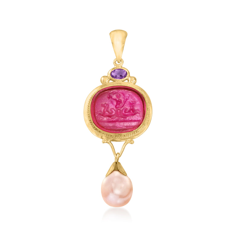 18kt gold over sterling pendant with pink glass cameo, amethyst, and pink pearl drop