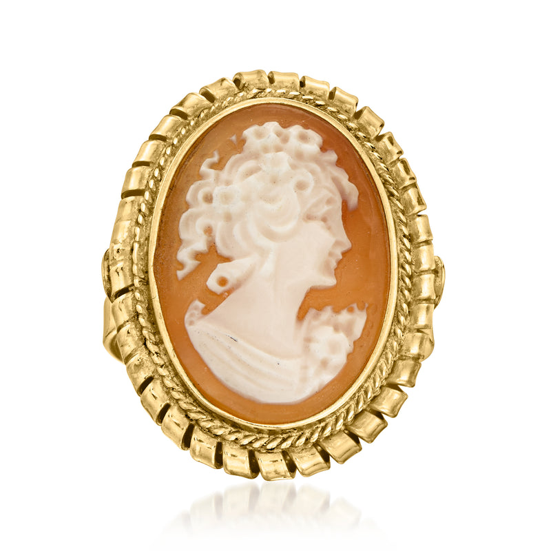 Oval orange shell cameo ring with white profile in 18kt gold over sterling bezel