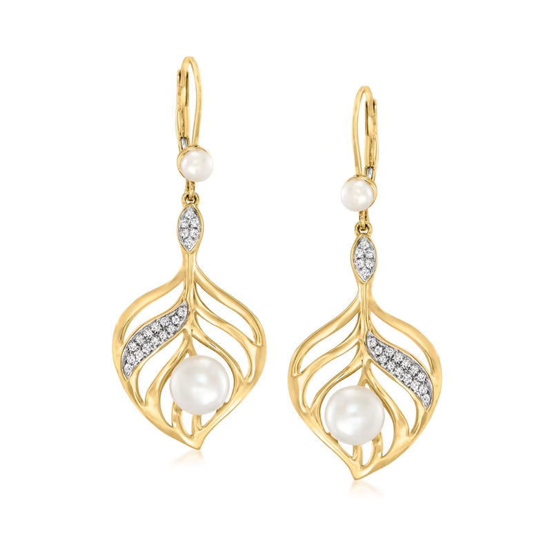 Cultured pearl leaf drop earrings, gold-tone with pearl and crystal accents, leverback