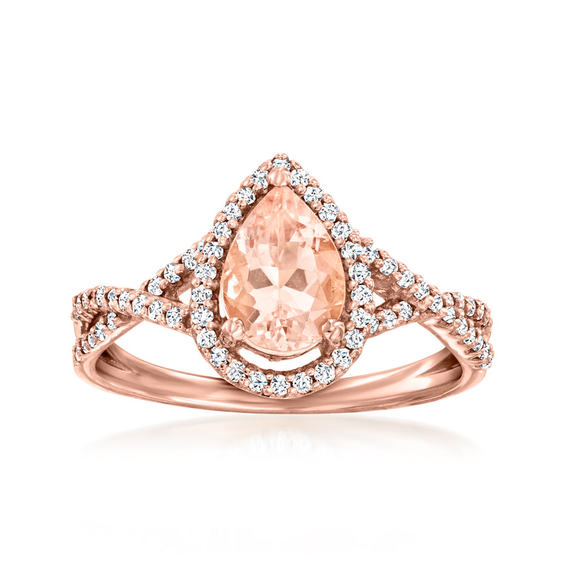 Morganite and diamond ring in rose gold with pear-shaped center stone and split shank