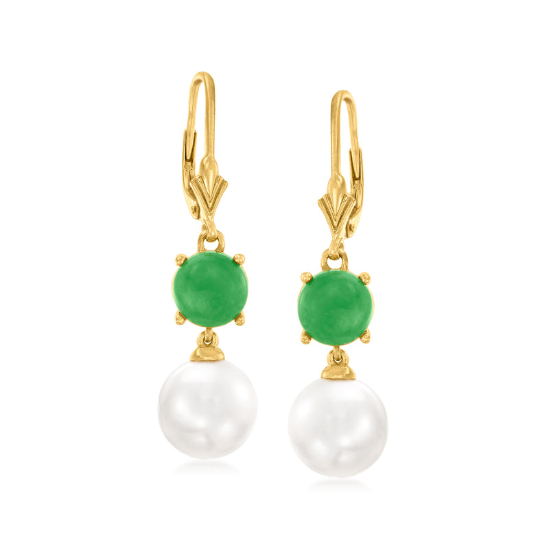18kt gold leverback drop earrings with green jade and white cultured pearls