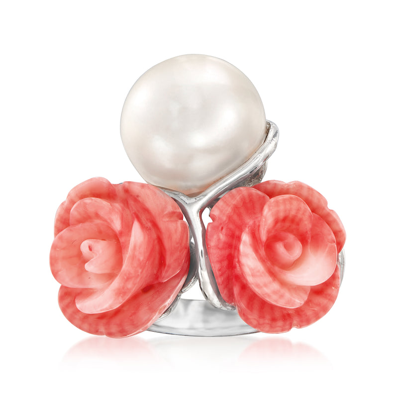 Sterling silver ring with white cultured pearl and carved pink coral flower settings