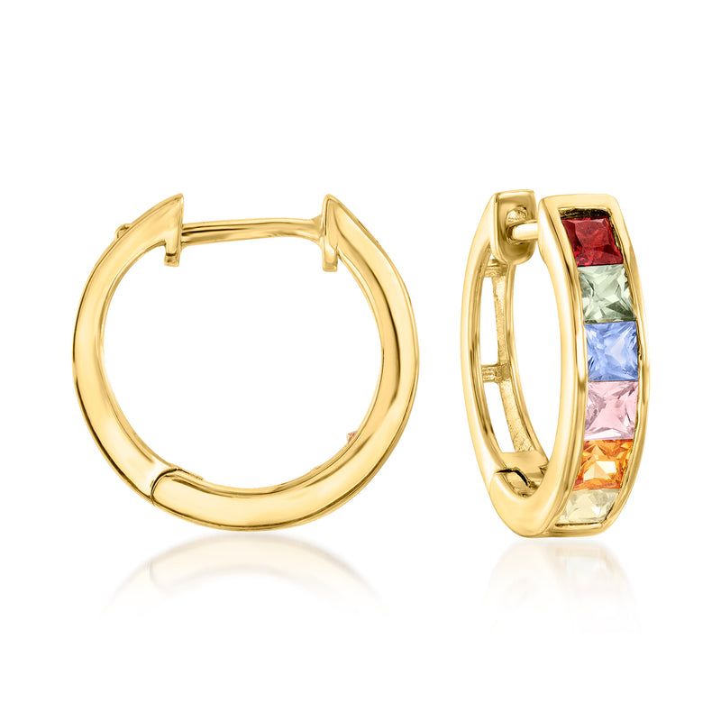 18kt gold over sterling huggie hoop earrings with multicolored sapphire stones